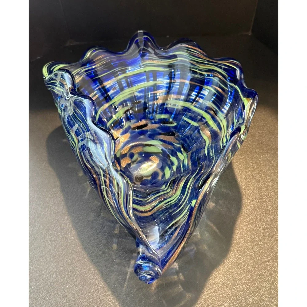 Art Glass Conch Shell Bowl Blue Green Gold Aventurine Swirl Murano Style 13